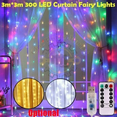 NOVA-TRENDSHOP 300 LED Curtain Fairy Lights USB String Light With Remote Xmas Party Wedding US