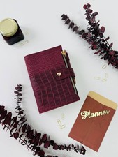 Burgundy A6 leather notebook cover binder 6-Rings. Dated planner gift for her.