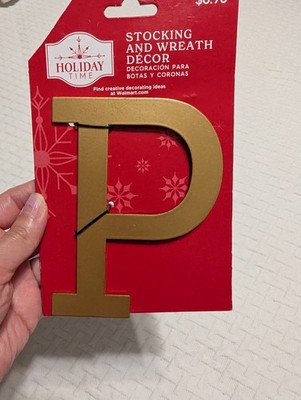 Holiday Time 5 in. Gold Metal Magnetic Letter P Stocking and Wreath Decor