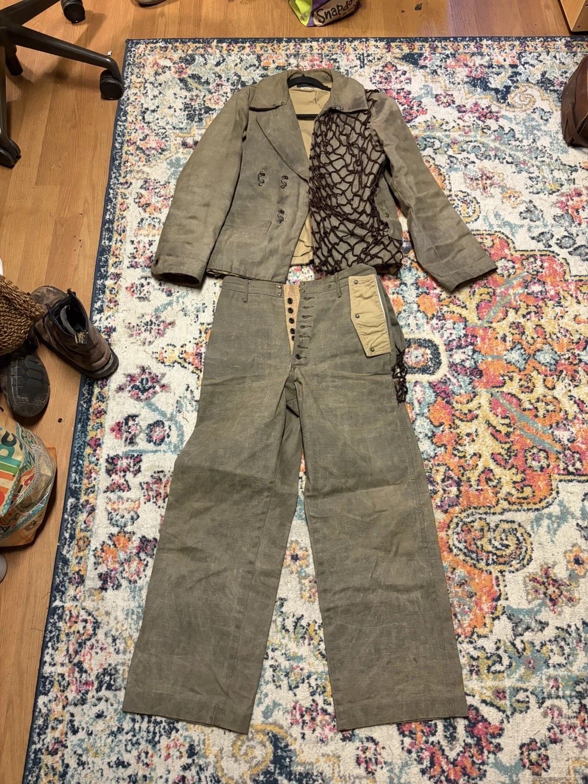 Grail Kapital Early 2000s Fisherman Waxed Canvas Set Jacket with Pants Netting
