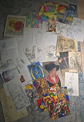 Vintage Lot Of Handmade Pictures Sketches Portraits Drawings 1960s-80s Ephemera