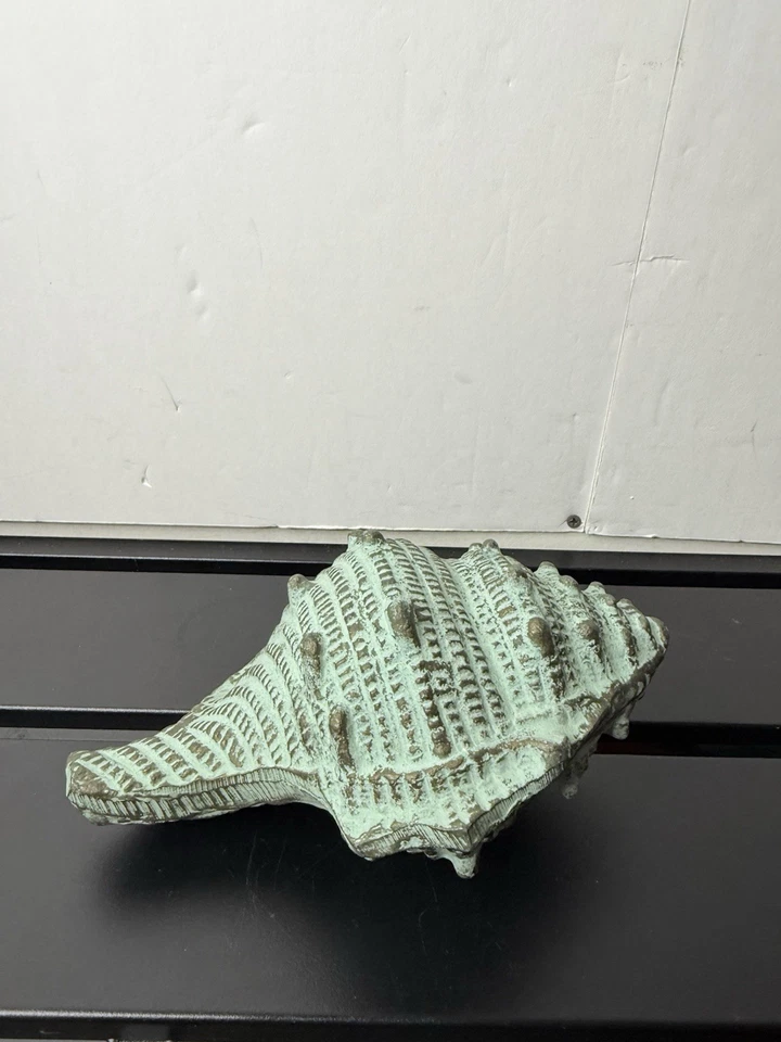 Caracola de aluminio fundido de colección 9" decoración de cabaña de playa costera plata azul verdoso Foto 3 de 4