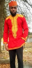 Men's Red African Dashiki Shirt with Gold Embroidery-DP4004