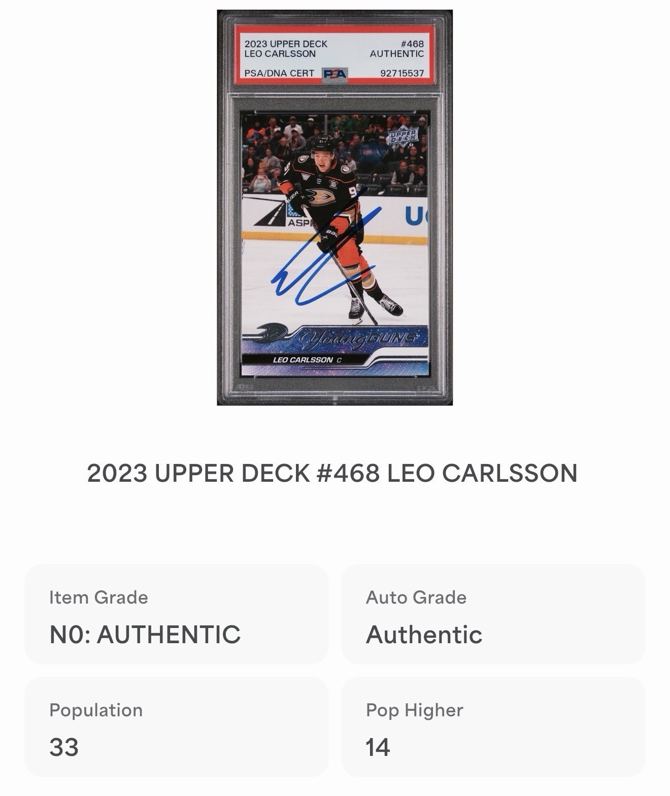 Leo Carlsson Signed 2023 Upper Deck Young Guns #468 PSA Authentic view 2