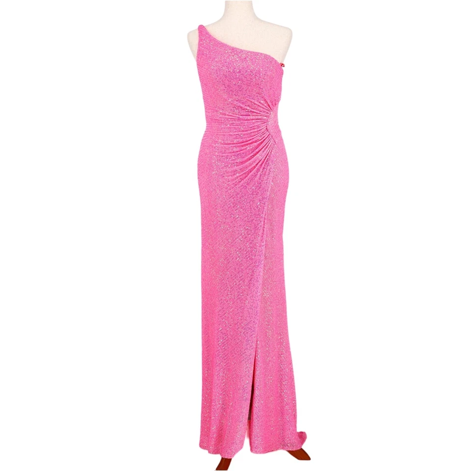 La Femme Women Pink Sequin Formal One-Shoulder Open Back Long Prom Dress Size 8 - Image 2 of 4