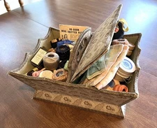 Vintage Green Fabric Sewing Basket LOADED Coats & Clark’s Milward No-Darn COCO