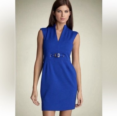 TRINA TURK Electric Blue Deep V Belted Work Dress Small Office Work Travel  