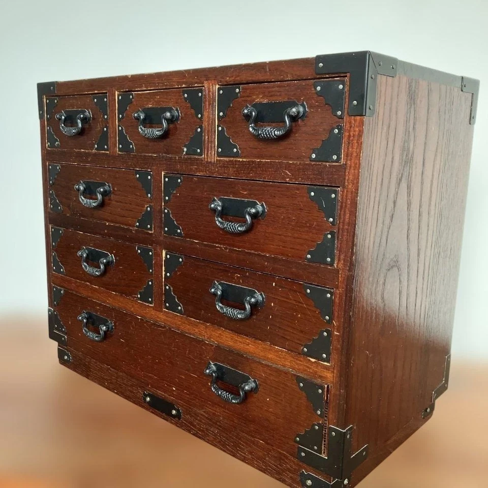 Cofre de armazenamento japonês antigo Tansu Dansu madeira feito à mão - Imagem 2 de 4