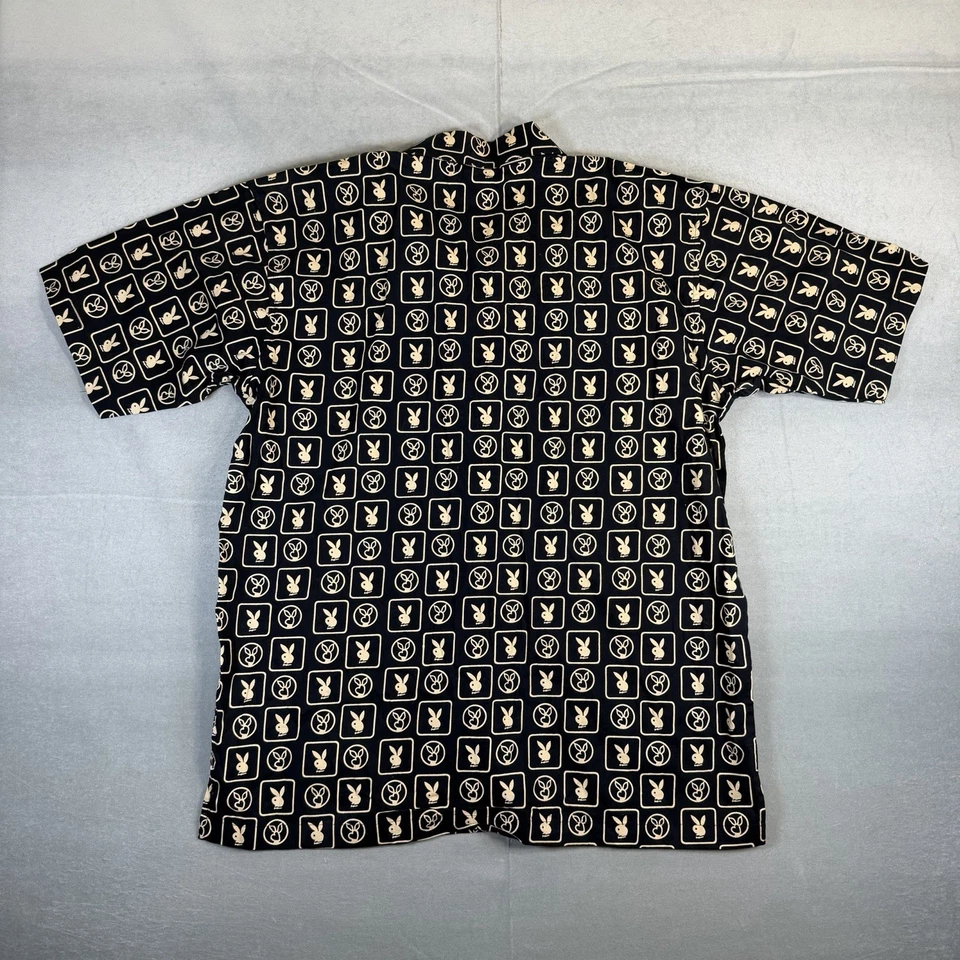 Vintage Playboy Shirt Mens XL Black Bunny Logo AOP Pearl Snap Camp Collar 90s - Image 3 of 4