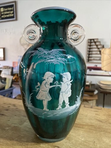 Vintage Hand Painted Signed Fenton Mary Gregory Vase~ Teal~ See Pics