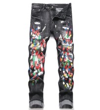 Men's Straight Leg Black Stretch Punk Hip Hop Denim Jeans Printed Color Pants