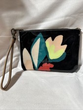 Vintage Y2K Fossil Clutch Wristlet Black Vinyl Flowers Brown Strap Small