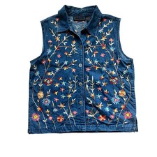 Vintage Floral Embroidered Denim Vest Boho Cottagecore Spring Blue Jean XL