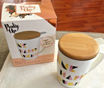 Bailey Ceramic Tea Mug & Infuser  Drink Happy Thoughts'' White W/lid Original Box