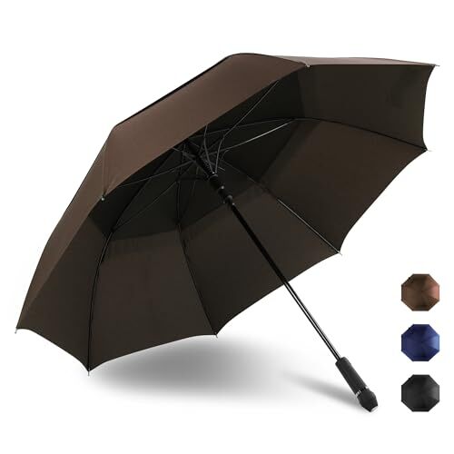 62 Inch Arc Umbrella Double Layer Vented Big Windproof Waterproof Brown - Picture 2 of 7