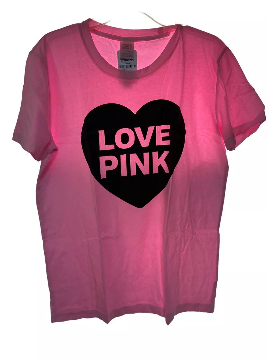 NEW Victoria's Secret PINK Love Pink Black Heart T-Shirt LARGE So Soft HTF