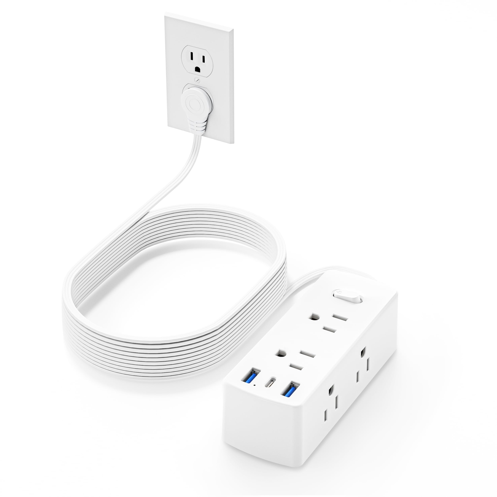 Flat Extension Cord 25ft with 6 Outlets 3 USB Ports 1 USB-C White-image
