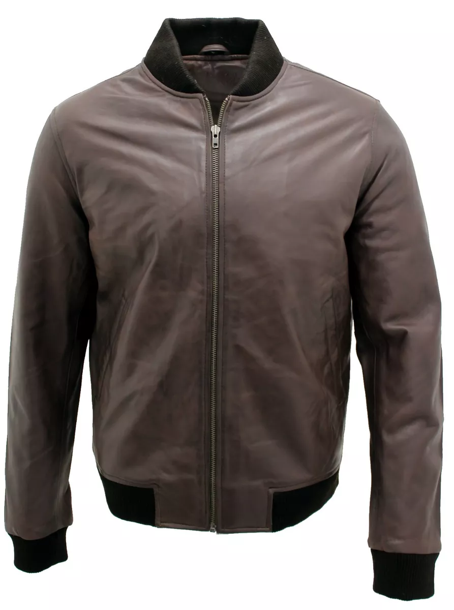 Chaqueta bomber marrón de cuero genuino para hombre – Plain