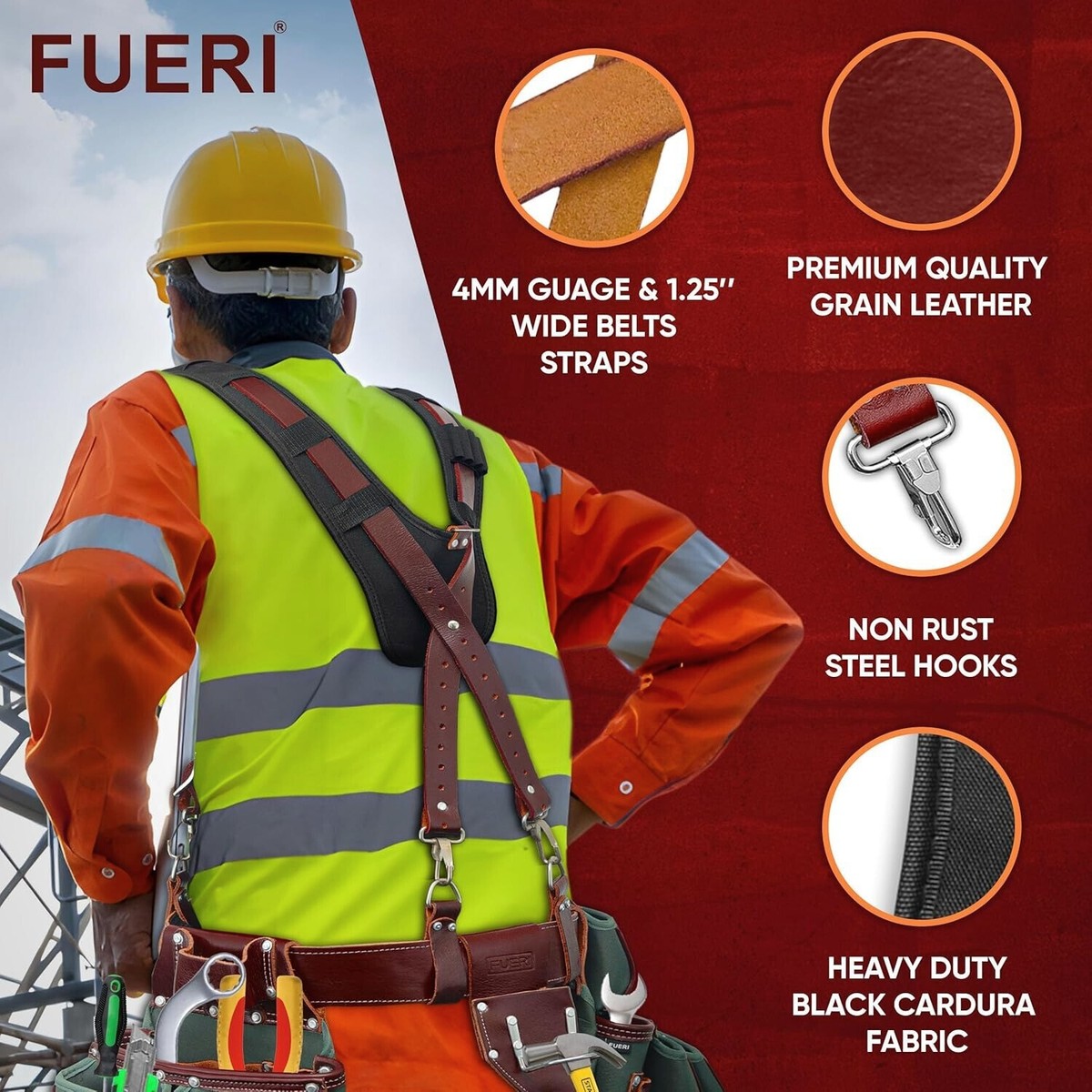 FUERI 16-Pocket Leather Tool Belt Set – Adjustable Suspenders & Pouches For Carpenters, Electricians & Framers