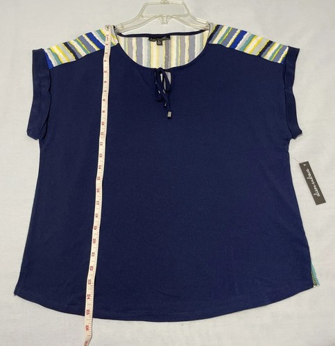 Alison Andrews Shirt Womens Size Large Navy Short Sleeve Striped Navy Yellow NWT - Picture 6 of 8