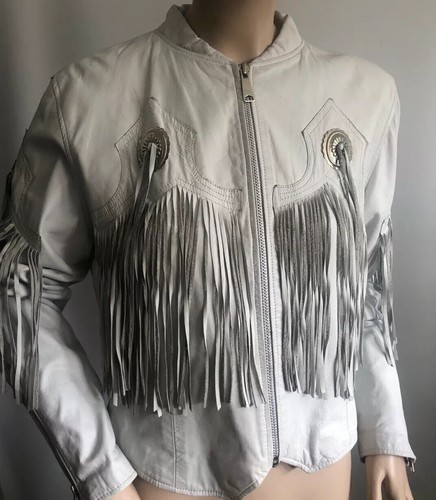 Vtg Pioneer Wear White Leather Fringe Jacket Conch