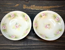 RS Germany Antique Green With Pink Flowers Berry Or Dessert Bowls Set Of 2