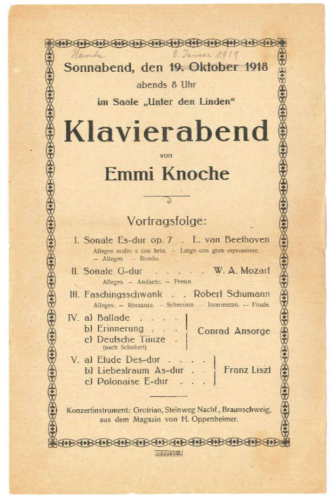 Programmzettel des Klavierabends am 19.10.1918 Emmi Knoche Hameln - Foto 1 di 1