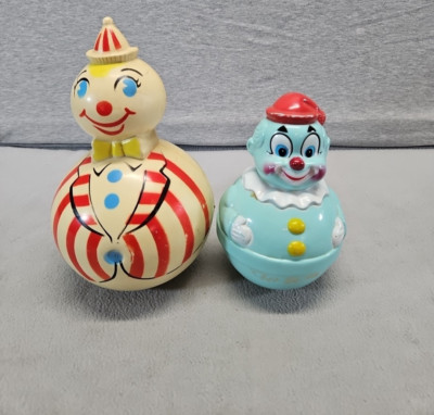 2 Antique Vintage Hard Plastic Roly Poly Jingle Bell Clown Circus Toy 1950 Kids 