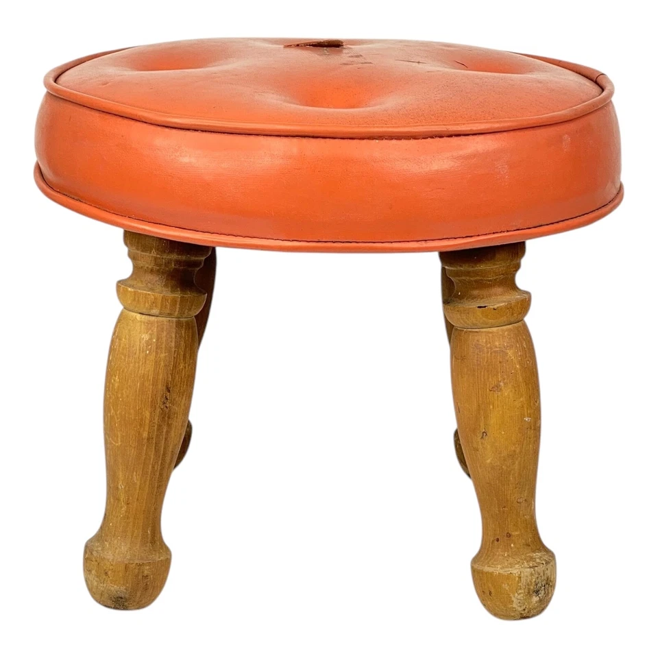 Reposapiés otomano Mid Century redondo naranja vinilo madera patas 11,5 pulgadas diámetro Foto 4 de 4