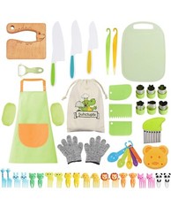 Suhctuptx 14 Pieces Wooden Kids Kitchen Knife Set with Gloves Cutting Board Frui