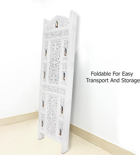 Room Divider Wood Screen - Ghanti Bells Antique White - 4 Panel Folding 72 X 80 - Picture 8 of 8