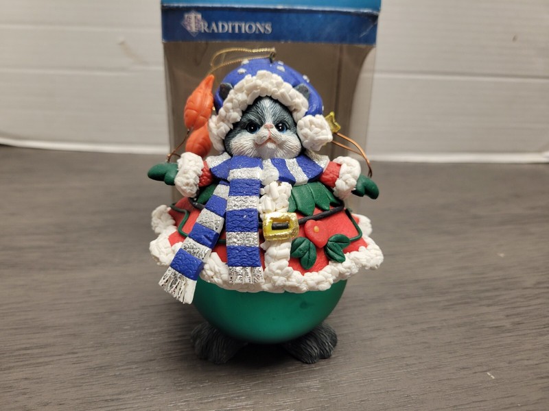 Chunky Cat Bundled Up Cat & Fish Glass Christmas Ornament with Original Box