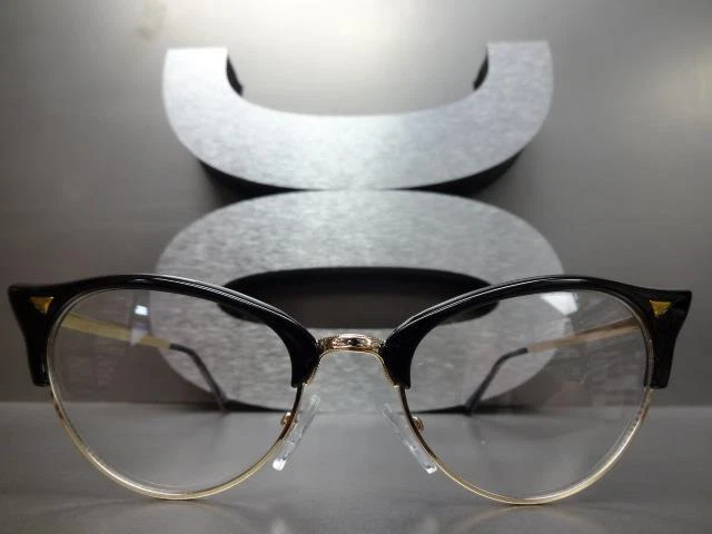 Elegante Retro Ojo de Gato Estilo Lente Transparente Gafas Único Puntiagudo Negro Dorado Marco Foto 4 de 4