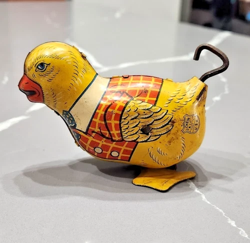 Vintage 1930s J. CHEIN WADDLING DUCK CHICK Tin Litho Wind-up Toy Easter