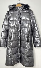 Juicy Couture Black Label Metallic Silver Long Puffer Jacket Coat Size UK 16