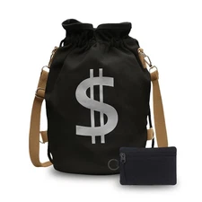 Canvas Drawstring Backpack with Coin pouch, Large Money Dollar Sign Bucket Ru...
