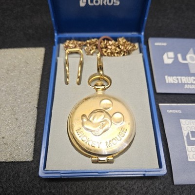 Mickey Mouse Disney Quartz Pocket Watch Vintage Lorus Gold-Plated