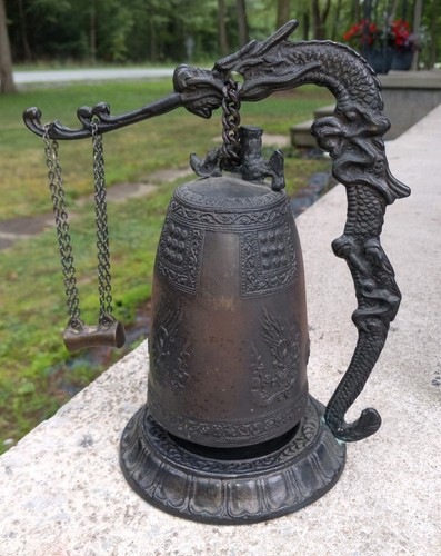 Japanese Vintage Bronze Buddhist Temple Bell with Dragon Pedestal Rare Japan