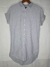 Tahari Linen Shirt Dress Blue White Stripe Button Front Short Sleeve High-Low XS