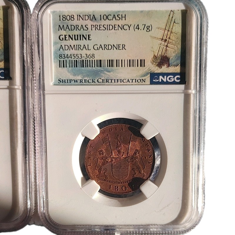 SET OF 2! Genuine 1808 India Madras  10 Cash Copper Admiral Gardner Shipwreck