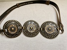 Vintage Chico's Belt Brown Leather, Rhinestone, Gold Metal Concho Size M/L