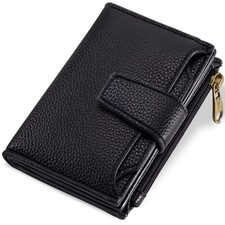 Compact RFID Blocking Leather Wallet for Women - Bifold Card Holder with Zipper