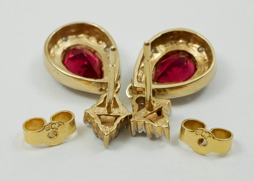 Set of Solid 9ct Yellow White Gold Pear Cut Ruby & Diamond 21mm Earrings Pair - Picture 7 of 9
