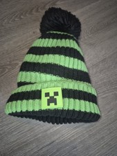 Minecraft Creeper Green Black Striped Knit Beanie Pom-Pom Boys' One Size
