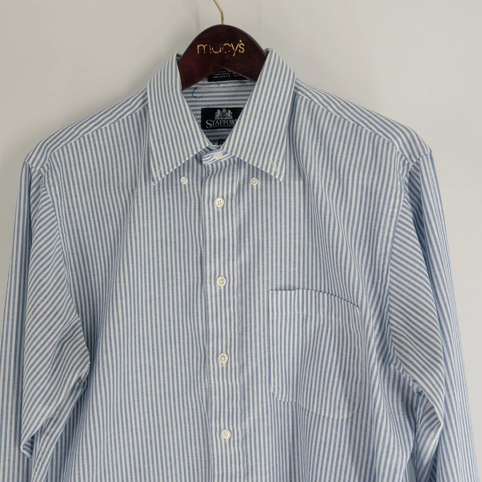 Vintage Stafford Athletic Fit Striped Button Down Dress Shirt Blue White Size 34 - Image 3 of 4