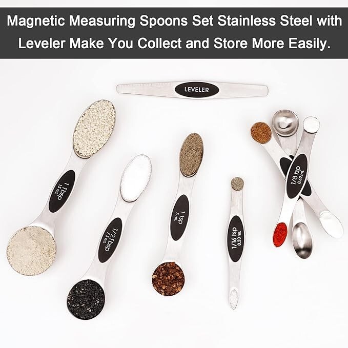 8 PCS Magnetic Measuring Spoons Set, Dual Sided, Stainless Steel Small Tablespoo