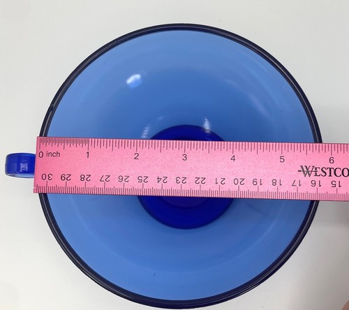 Cuenco de vidrio vintage azul cobalto de la depresión con patas con asas de desplazamiento 6" x 3" - Imagen 21 de 23