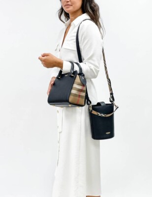NEW BURBERRY BANWELL BLACK LEATHER CHECK CANVAS SHOULDER