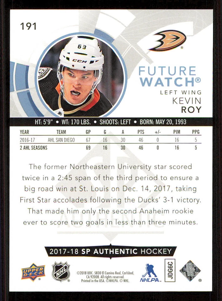 2017-18 SP Authentic #191 Kevin Roy FW RC /999 - Image 2 of 2