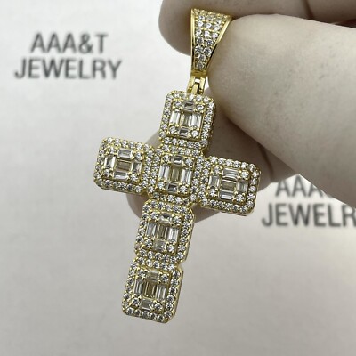925 Solid Sterling Silver Cubic Zirconia Icy Baguette Cross Pendant | eBay
